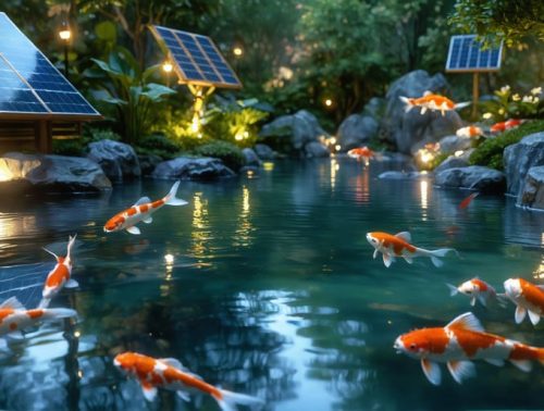 Beautifully illuminated garden pond at night with eco-friendly LED underwater lights showcasing koi fish and aquatic plants amid gentle reflections.