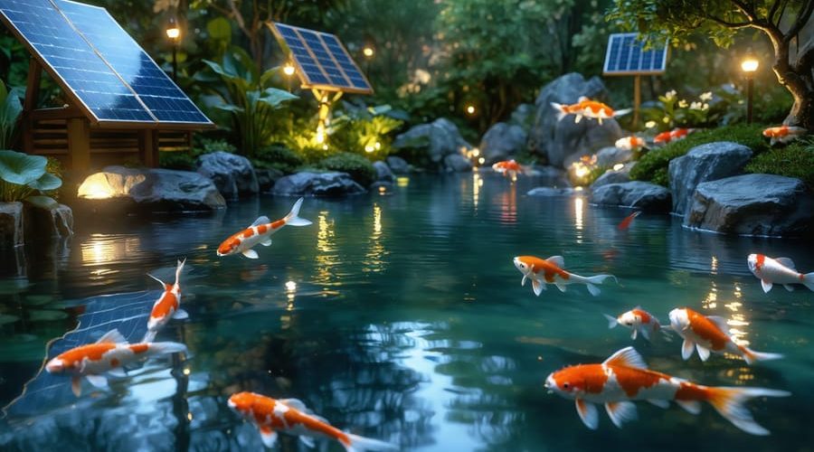 Beautifully illuminated garden pond at night with eco-friendly LED underwater lights showcasing koi fish and aquatic plants amid gentle reflections.