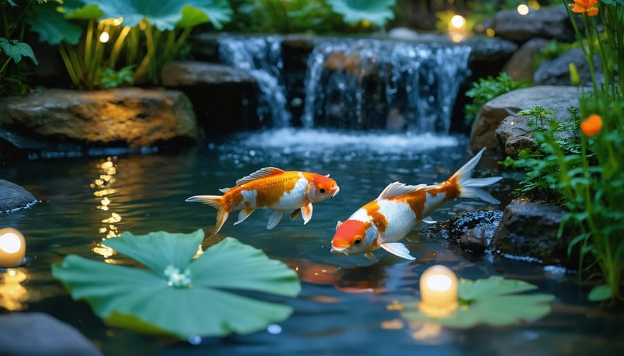 Garden pond at night with eco-friendly LED lighting showing fish swimming through illuminated water