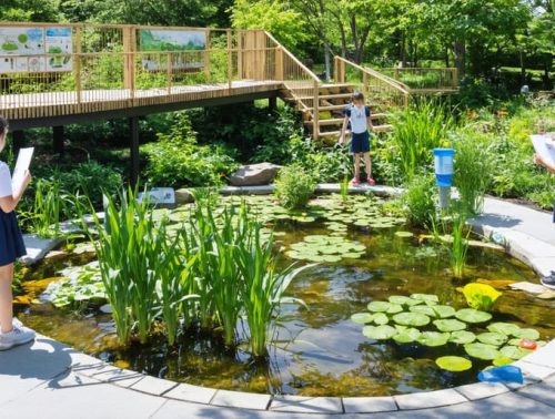 Students participating in hands-on science activities at an educational water garden, conducting water quality tests and observing aquatic life in a safe and structured setting.