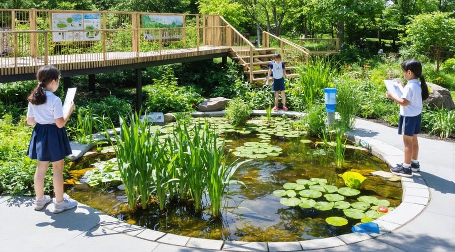 Students participating in hands-on science activities at an educational water garden, conducting water quality tests and observing aquatic life in a safe and structured setting.