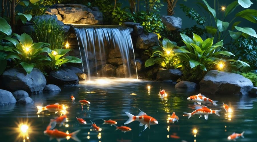 Nighttime scene of a small garden pond with underwater LED lights highlighting koi fish and aquatic plants, surrounded by illuminated waterfalls and floating solar lights creating a magical ambiance.