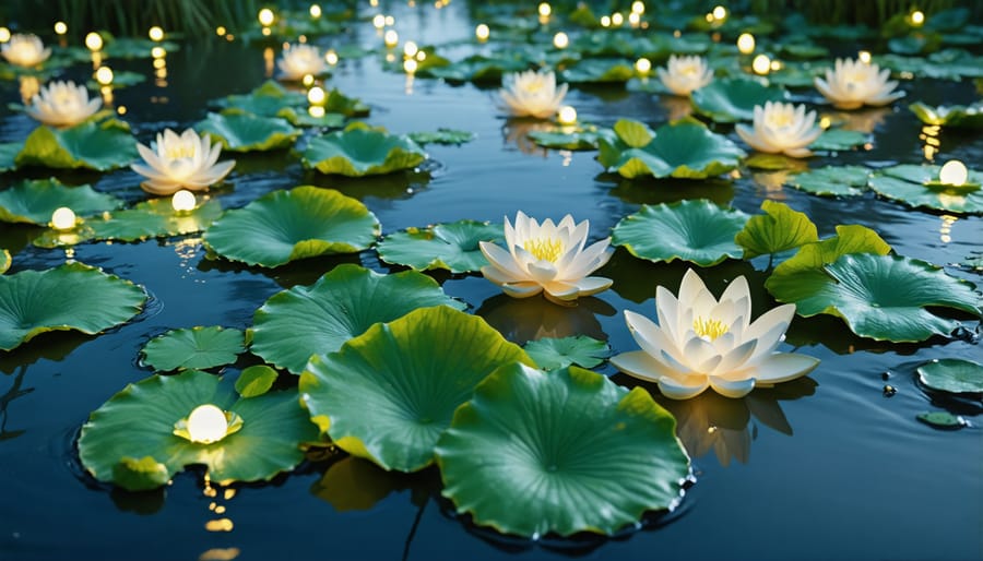 Decorative floating pond lights in lily pad shapes creating ambient lighting on water surface