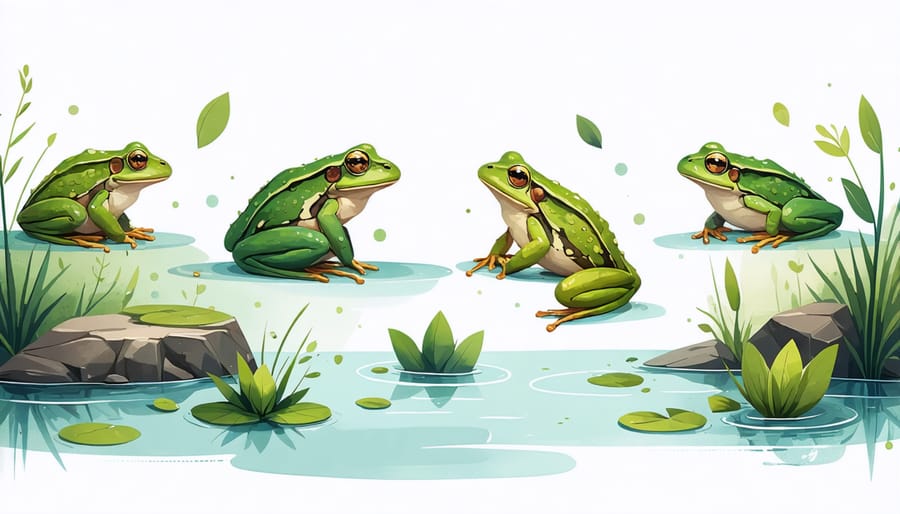 Educational display showing frog metamorphosis stages in a pond environment