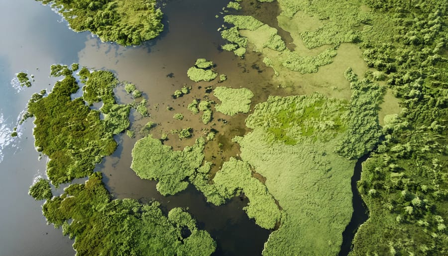 Bird's eye view of a wetland habitat with distinct shallow and deep water areas surrounded by diverse vegetation