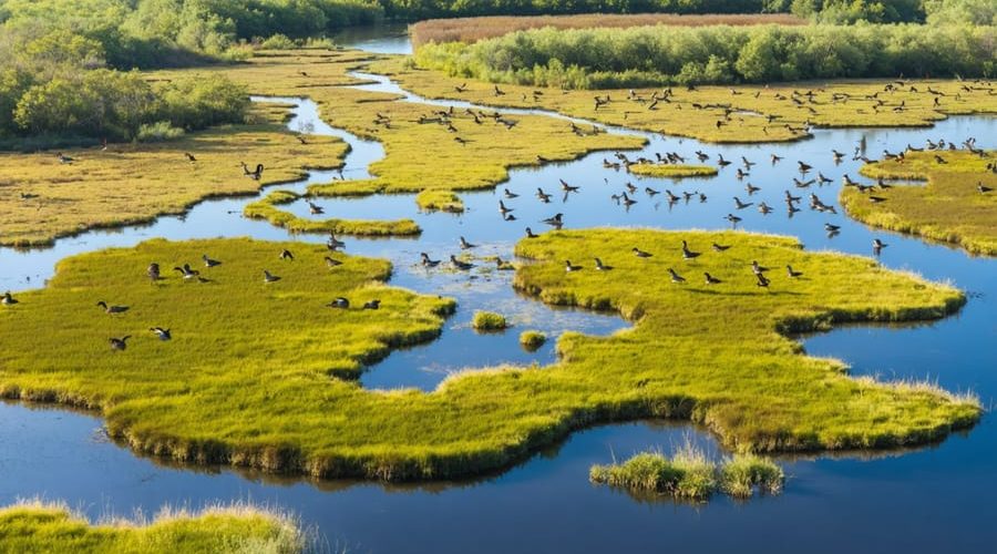 Aerial view of a dynamic wetland ecosystem at Gadwall Swamp, showcasing various water levels and lush plant life, with groups of ducks such as gadwalls and mallards visible throughout. The image illustrates strategic habitat zones ideal for waterfowl breeding and migration, surrounded by vibrant vegetation.