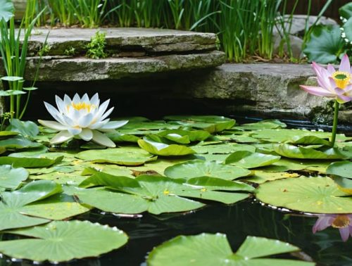 A peaceful backyard pond ecosystem with blooming water lilies, submerged oxygenators, marginal iris plants, and floating water hyacinth, illustrating eco-friendly aquatic plant harmony.