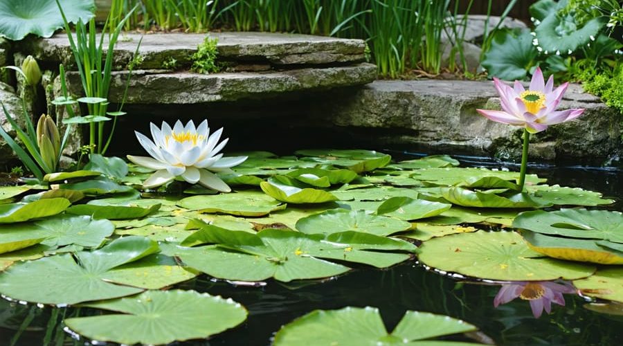 A peaceful backyard pond ecosystem with blooming water lilies, submerged oxygenators, marginal iris plants, and floating water hyacinth, illustrating eco-friendly aquatic plant harmony.