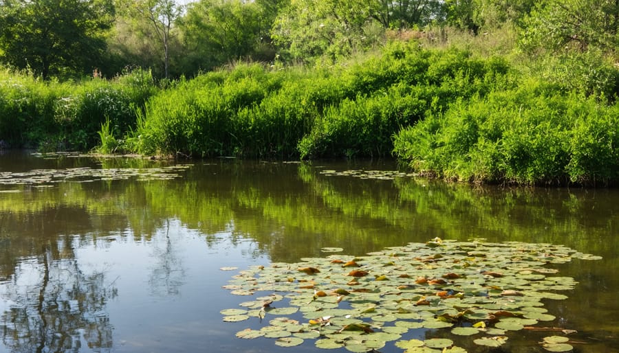 Healthy garden pond featuring water lilies, marginal plants, and visible fish with crystal clear water