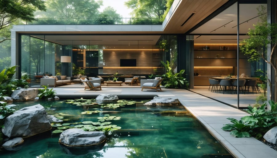 Seamless transition of indoor-outdoor pond design through glass walls