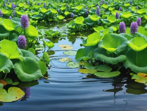 Dense mats of water hyacinth with lavender flowers completely covering a pond's water surface, illustrating their invasive nature and impact on native aquatic life.