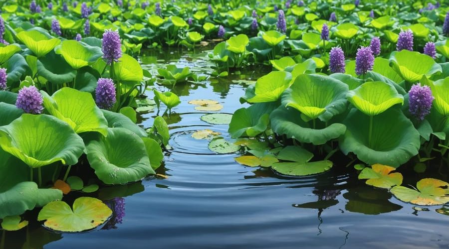 Dense mats of water hyacinth with lavender flowers completely covering a pond's water surface, illustrating their invasive nature and impact on native aquatic life.