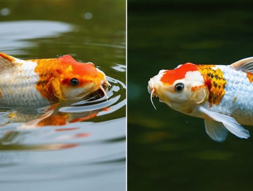 A split scene illustrating a healthy koi in a clear pond contrasted with a koi showing white spot disease, emphasizing the importance of observation and early detection.