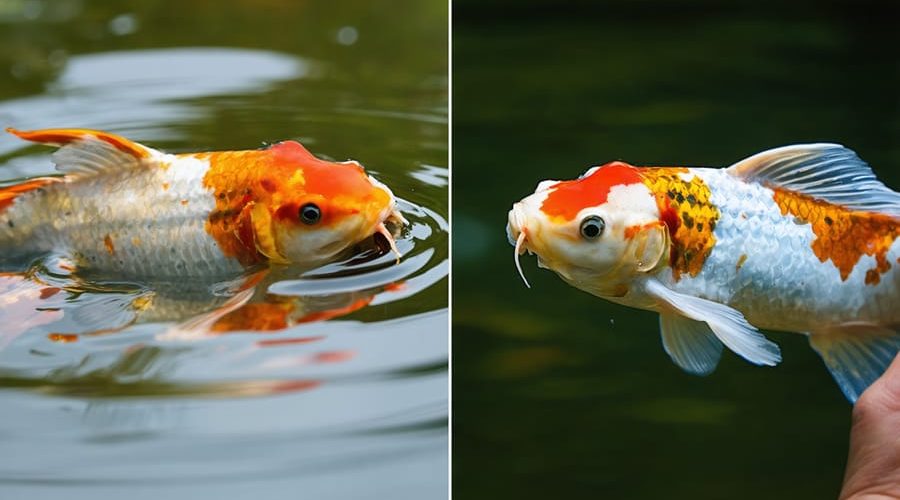 A split scene illustrating a healthy koi in a clear pond contrasted with a koi showing white spot disease, emphasizing the importance of observation and early detection.