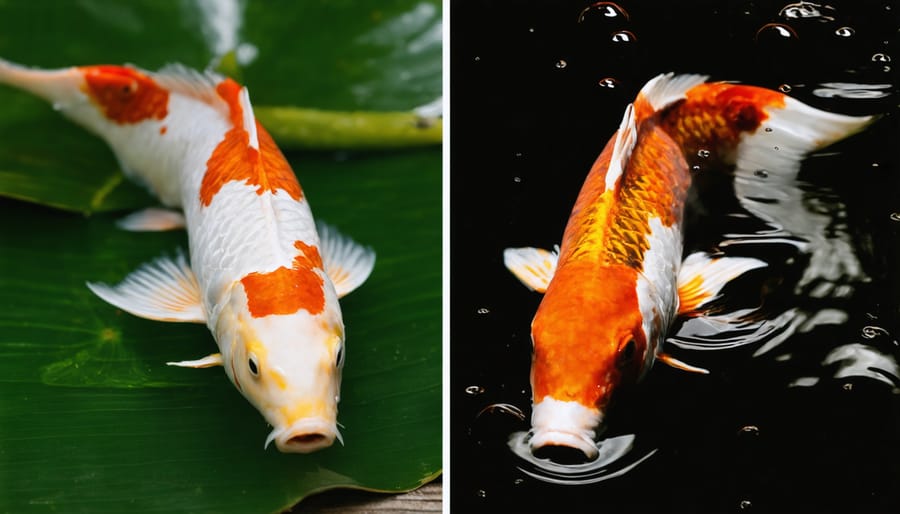 Comparison showing normal koi behavior versus heat-stressed koi gasping at the surface