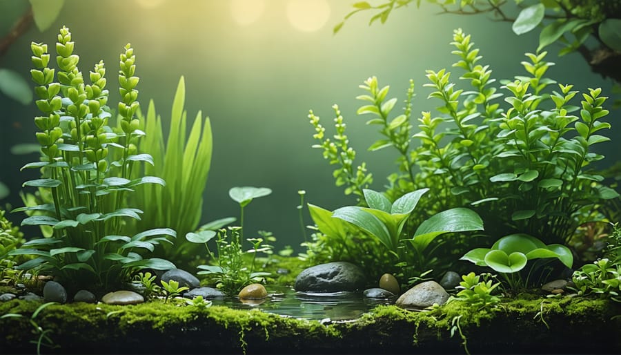 Display of various small water plants including dwarf water lilies, floating plants, and marginals