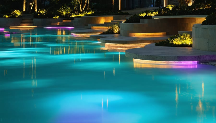 Illuminated modern pond with LED lighting system displaying various colors