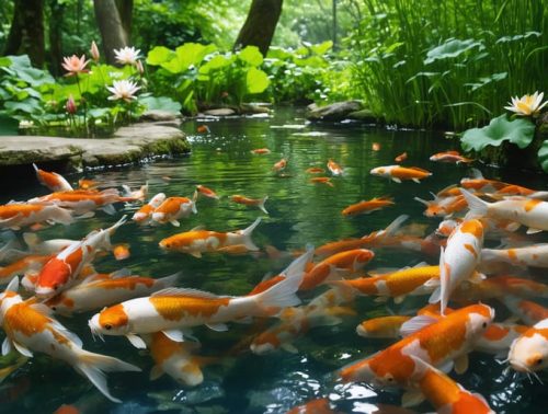 A vibrant pond illustrating harmonious predator-prey relationships with koi and goldfish swimming among water lilies and aquatic plants.