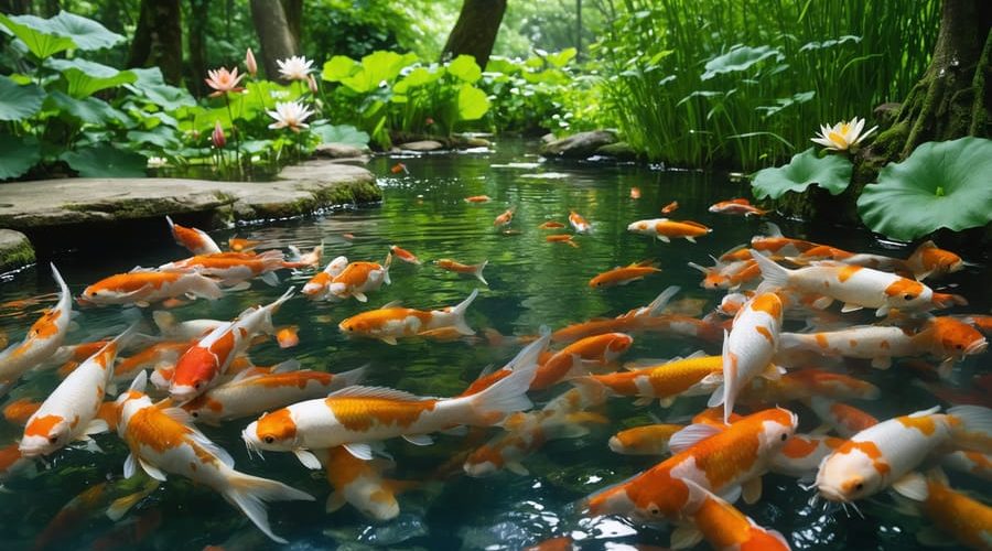 A vibrant pond illustrating harmonious predator-prey relationships with koi and goldfish swimming among water lilies and aquatic plants.