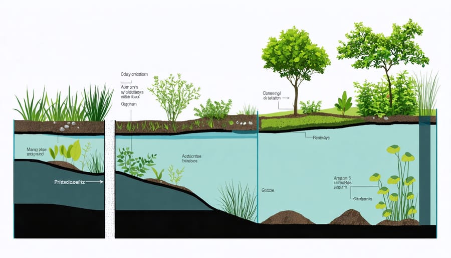 Illustrated cross-section of a pond showing marginal, deep water, and oxygenating plant zones with natural filtration system