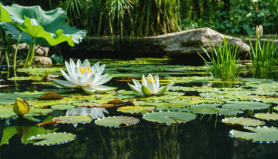 Healthy water garden ecosystem with various aquatic plants performing natural filtration