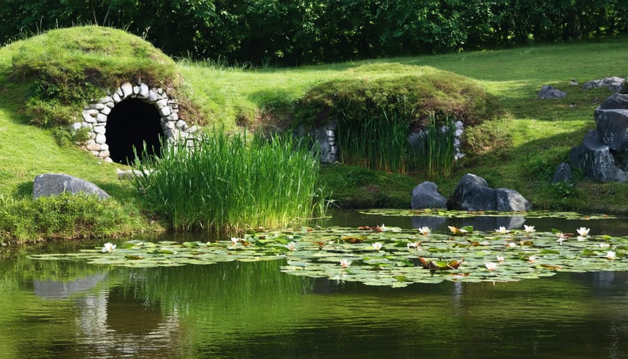 Healthy pond ecosystem showing natural protection methods with aquatic plants and protective structures