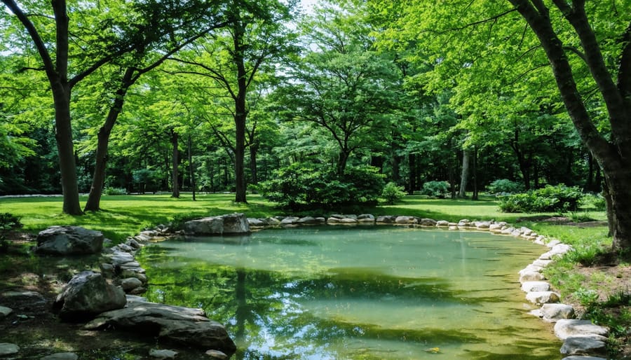 Garden pond showing deep and shallow areas with natural shade provided by surrounding vegetation