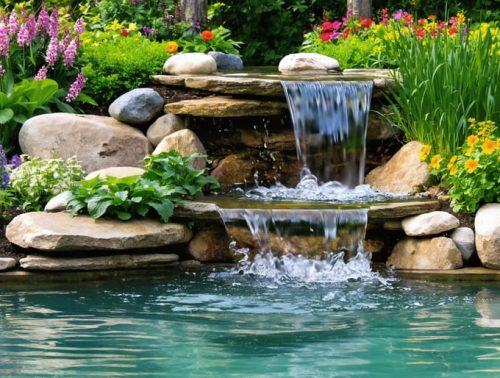 A tranquil garden pond showcasing multiple water features such as a small waterfall, bubbling brook, and gentle stream, surrounded by lush greenery and flowers, visually symbolizing a harmonious natural soundscape.