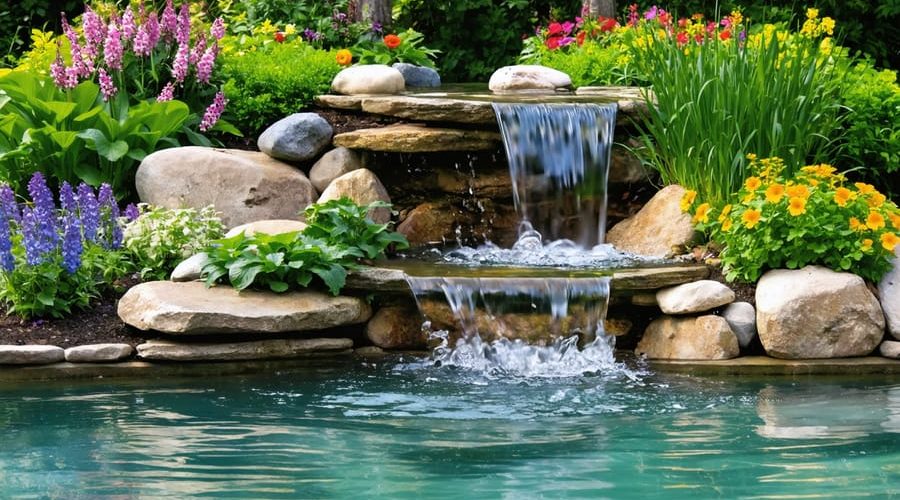 A tranquil garden pond showcasing multiple water features such as a small waterfall, bubbling brook, and gentle stream, surrounded by lush greenery and flowers, visually symbolizing a harmonious natural soundscape.