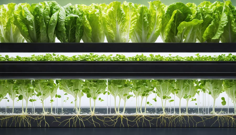 Healthy lettuce and herb plants growing in NFT channels with root development visible