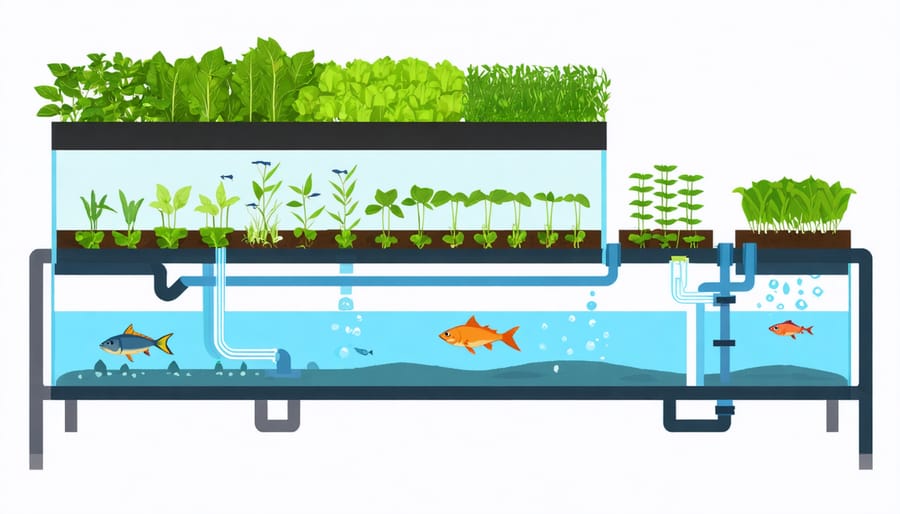 Cross-sectional diagram of NFT aquaponics system showing water circulation and component layout