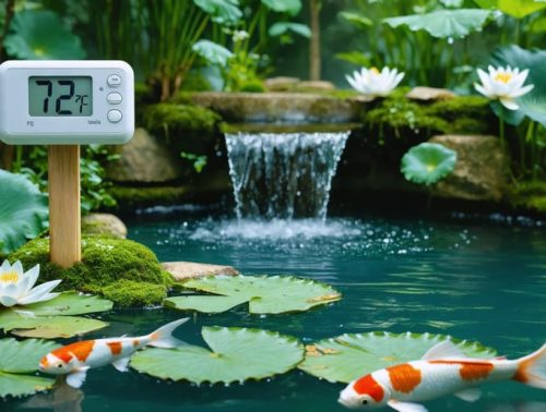 A tranquil pond with floating water lilies offering shade, a digital thermometer displaying 72°F, colorful koi fish swimming, and a fountain gently moving the water.