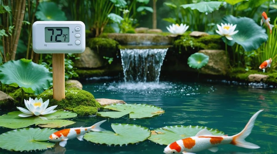 A tranquil pond with floating water lilies offering shade, a digital thermometer displaying 72°F, colorful koi fish swimming, and a fountain gently moving the water.