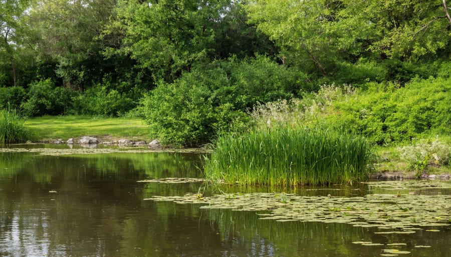 Thriving wildlife pond with water lilies, marginal plants, and natural-looking edges