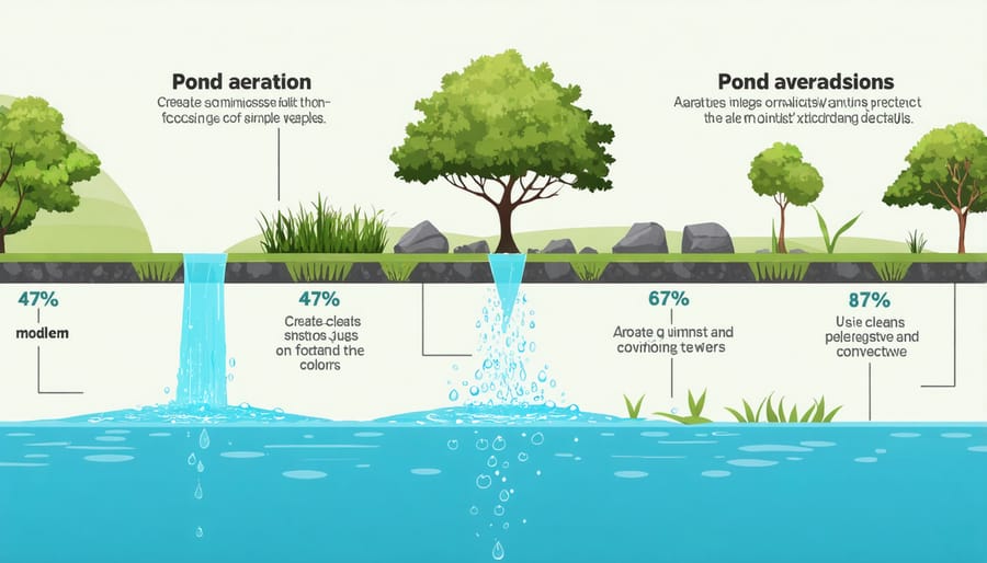 Diagram illustrating various pond aeration methods including surface aerators, air pumps, and waterfalls