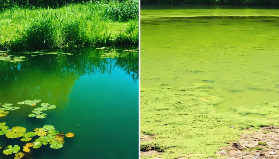 Comparison showing a healthy pond with clear water versus a pond with green algal growth