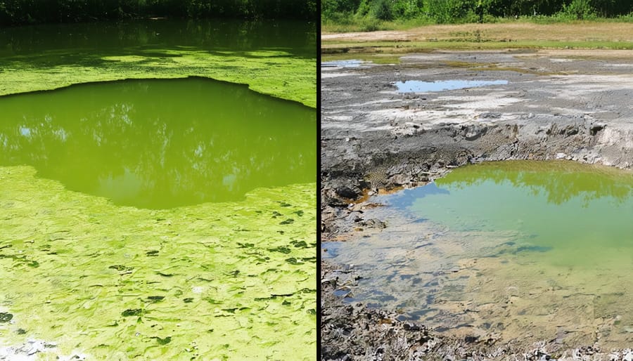 Side-by-side comparison showing the difference between a stagnant green pond and a healthy circulated pond