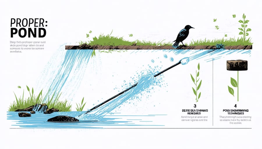 Illustrated guide demonstrating correct methods for mechanical pond cleaning and pest removal