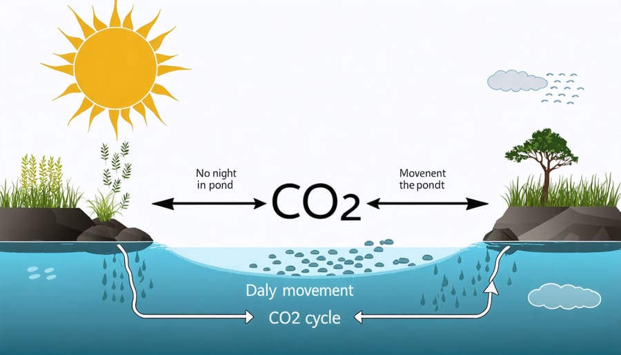 Infographic illustrating pond CO2 cycle differences between daytime and nighttime