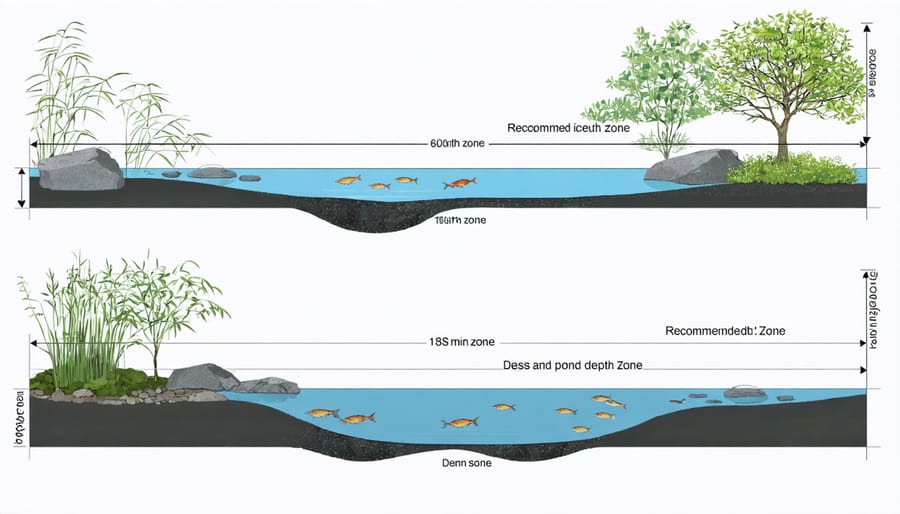 Cross-sectional diagram of garden pond showing different depth levels and recommended measurements