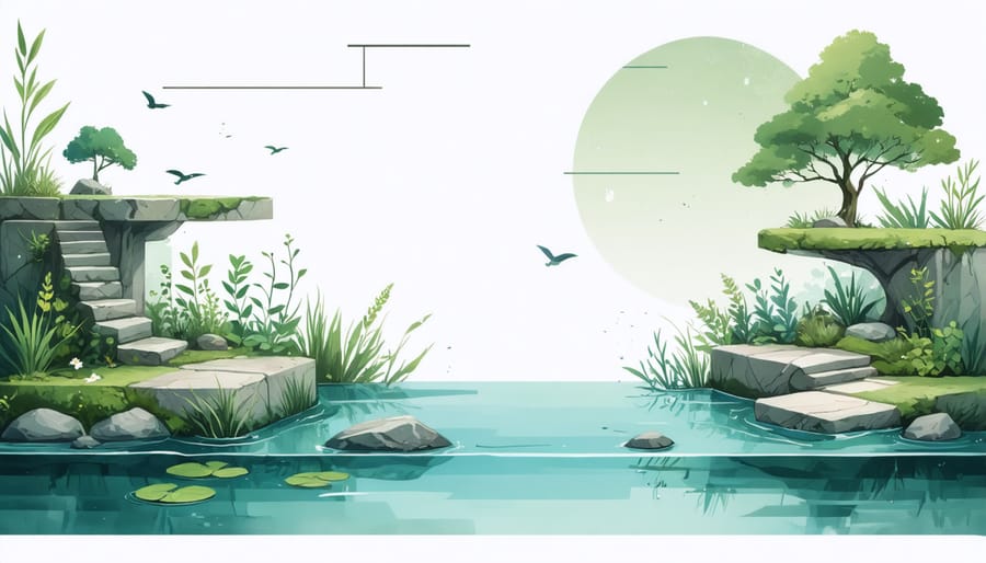 Cross-section diagram of a wildlife pond displaying different depth zones and plant shelves