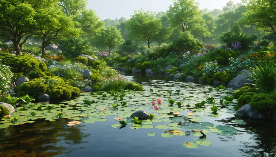 Established garden pond featuring different zones of aquatic plants and visiting wildlife