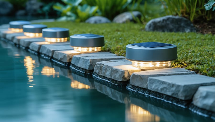 Decorative solar lights illuminating a pond's edge with beautiful water reflections