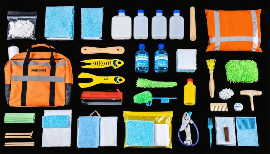 Organized display of essential pond emergency supplies including tools, treatments, and backup equipment