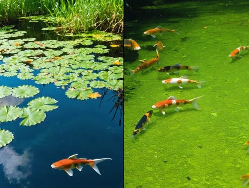 A split image showing a comparison between a clear, healthy pond with vibrant plants and fish on the left, and a murky, nutrient-overloaded pond with algal growth and distressed fish on the right.