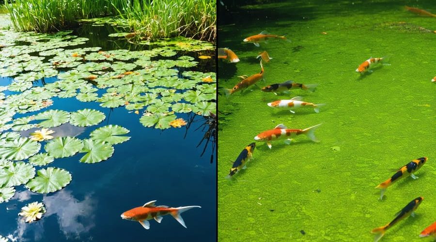 A split image showing a comparison between a clear, healthy pond with vibrant plants and fish on the left, and a murky, nutrient-overloaded pond with algal growth and distressed fish on the right.