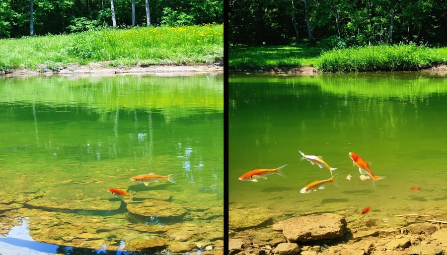 Before and after comparison of pond treated with safe herbicide showing weed reduction while maintaining fish health