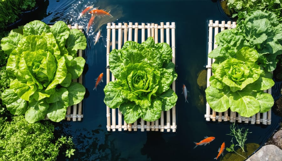 Aerial view of functioning backyard pond hydroponics system with floating plant beds