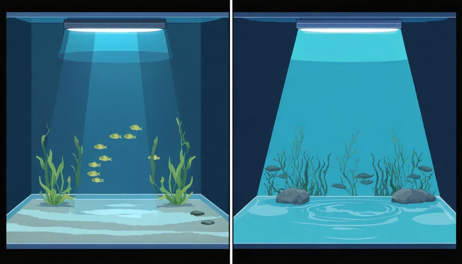 Diagram comparing proper and improper underwater pond light positioning techniques