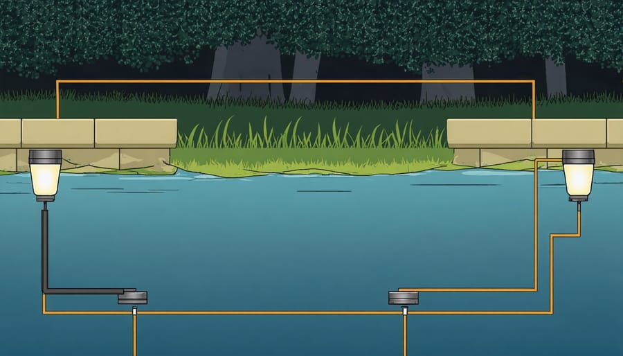 Technical illustration of pond lighting installation with labeled components and wiring layout